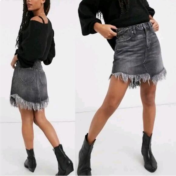 NWT Free People Bailey Grey Denim Fringed Mini Skirt Size 24 - Picture 6 of 14
